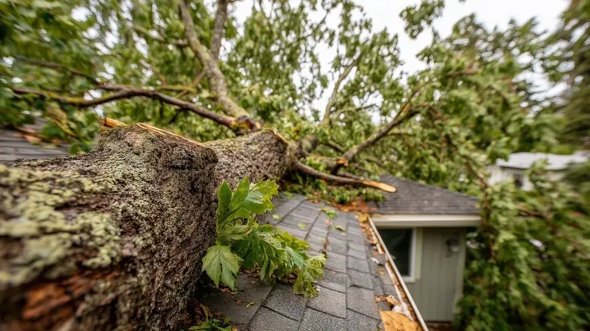 image of a tree collapsed on a home roof after a storm